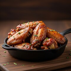 Succulent chicken wings glazed in savory sauce displayed in rustic cast iron skillet