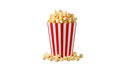 A full red and white striped paper bucket of freshly popped popcorn, ready for a movie night or snack time. Perfect for entertainment, cinema, or food related themes.