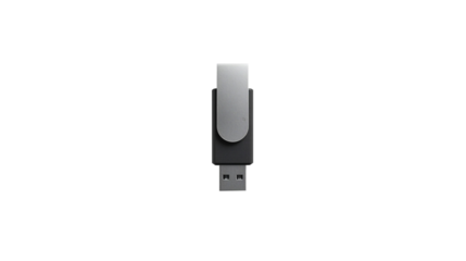 A sleek black usb flash drive with a silver swivel cover, designed for portable digital data storage and transfer. Ideal for technology and office related visuals.