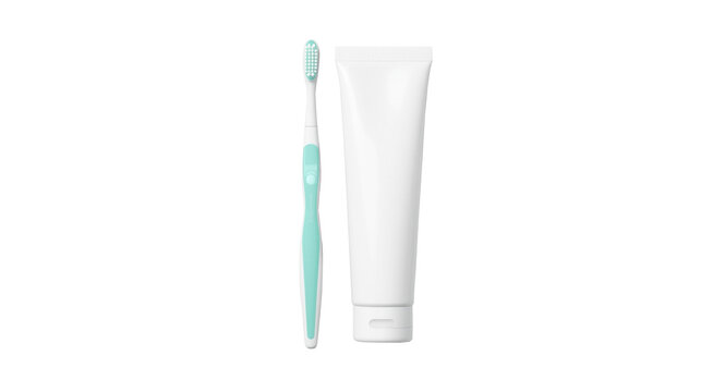 A mint green toothbrush stands next to a plain white toothpaste tube, representing essential daily oral hygiene and dental care. This image can be used for health, beauty, or personal care promotions.