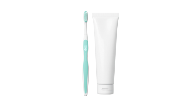 A mint green toothbrush stands next to a plain white toothpaste tube, representing essential daily oral hygiene and dental care. This image can be used for health, beauty, or personal care promotions.