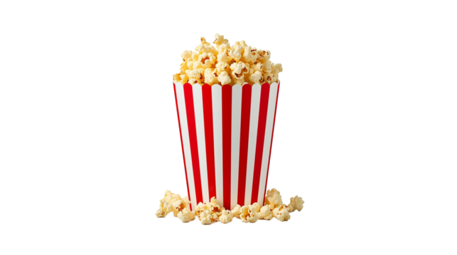 A full red and white striped paper bucket of freshly popped popcorn, ready for a movie night or snack time. Perfect for entertainment, cinema, or food related themes.