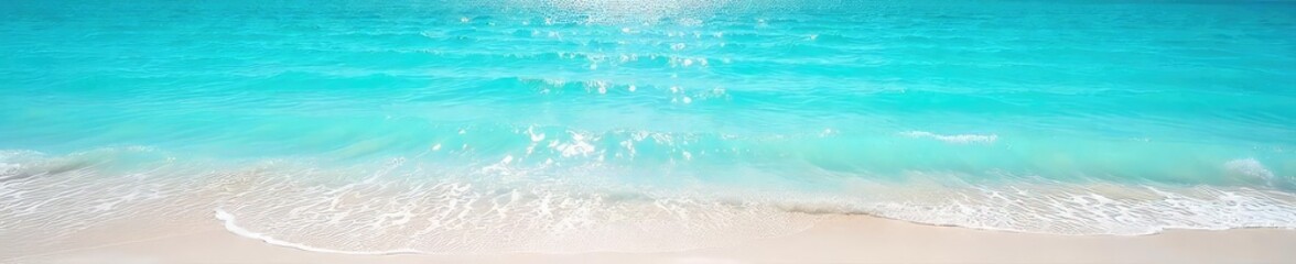 Obraz premium A serene ocean scene with crystal-clear turquoise water, gentle waves lapping the shore, and sunlight reflecting on the surface , foam, serene