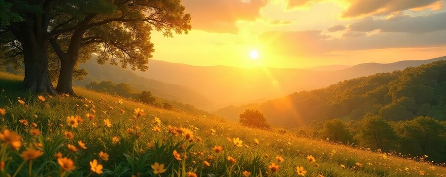 A serene landscape bathed in golden sunlight, evoking feelings of peace and contentment  Perfect for illustrating concepts of well-being, relaxation, and inner joy , self-care, bliss, joy