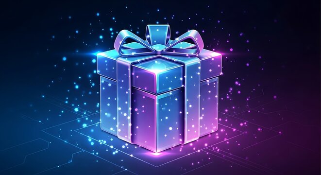 Cyber Gift Box: Neon Digital Present with Glowing Particles and Abstract Background - Powered by Adobe