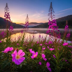 Tranquil lakeside sunrise framed by vibrant wildflowers, offering peaceful natural beauty