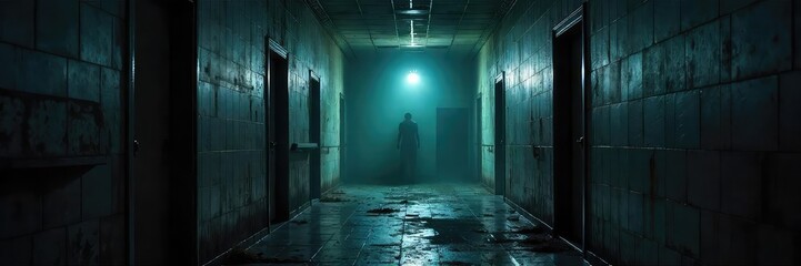 A shadowy figure lurks in a dimly lit, abandoned asylum, its presence felt more than seen; a chilling image perfect for horror movie posters or promotional materials , mysterious, darkness, terror