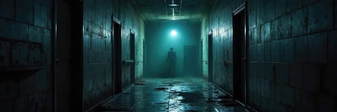 A shadowy figure lurks in a dimly lit, abandoned asylum, its presence felt more than seen; a chilling image perfect for horror movie posters or promotional materials , mysterious, darkness, terror