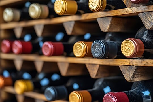 Wine Bottles Resting on Wooden Racks with Colorful Caps and Embossed Seals