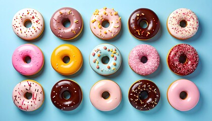 Fifteen colorful donuts line a blue background