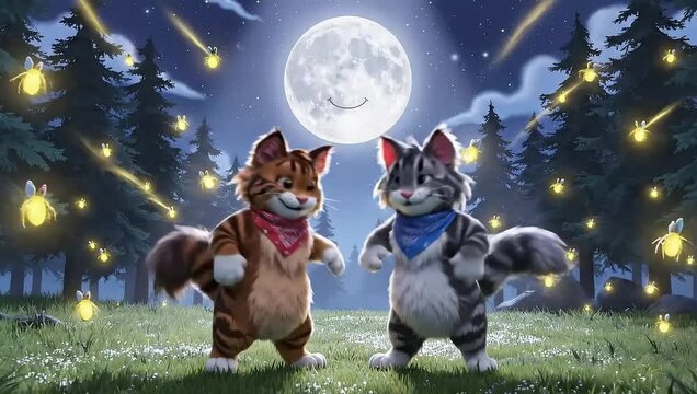 Whimsical cartoon cats with a smiling moon and fireflies in a magical forest at night