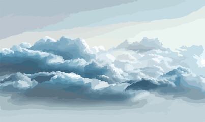 Eine atmosphärische Vektorillustration präsentiert eine dichte Wolkenlandschaft am weiten Himmel, die ein Gefühl von Ruhe und unendlicher Weite vermittelt.