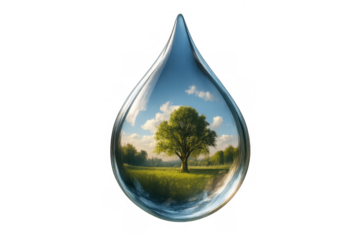 Water drop reflecting green tree and sky, symbolizing nature conservation, sustainable environment, clean water, and life