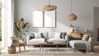 Boho living room couch, art, neutral decor, lights, plant