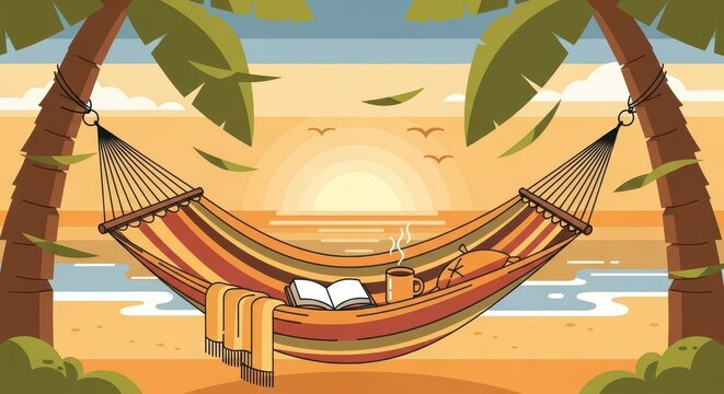 Striped fabric sling hangs between two tall palm trees at sunset over an ocean shoreline