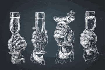 Illustration einer Hand die ein Glas Champagner oder Sekt vor dunklem Hintergrund h&auml;lt Vektor-Grafik f&uuml;r Feierlichkeiten und Anl&auml;sse.