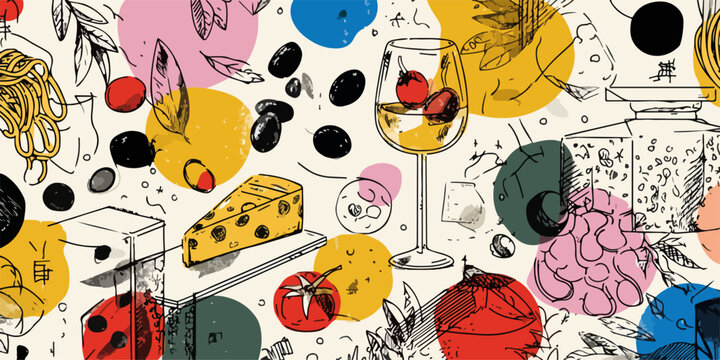 Eine farbenfrohe und stilvolle Vektorillustration, die verschiedene Lebensmittel und Getr&auml;nke in einem lebendigen Design pr&auml;sentiert.