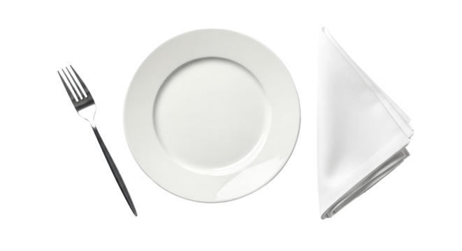 White Plate Fork and Napkin Table Setting Isolated on transparent background, png