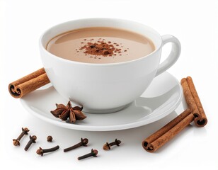 A cup of chai tea with cinnamon, star anise, and cloves on a white background