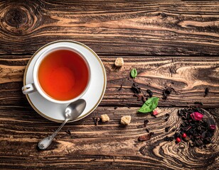 Tea cup on wood, sugar and loose leaves