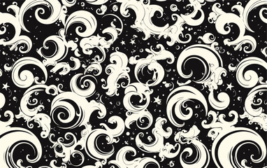 Abstrakte Vektor Muster mit Wirbeln und Sternen auf schwarzem Hintergrund