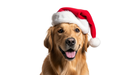 Golden Retriever Dog Wearing a Santa Hat Ready for Christmas Celebrations isolated on transparent background, PNG