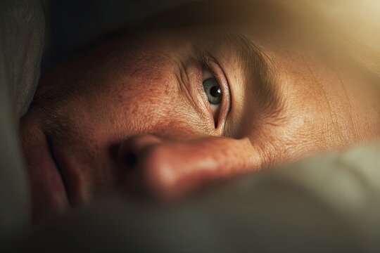 A close-up shot of a man's face with a contemplative expression, partially hidden under a blanket, capturing a moment of introspection.