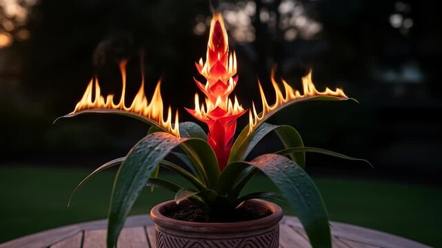 Fire-topped red bromeliad in textured pot on wooden table at twilight