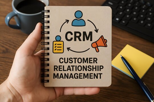 CRM concept with notebook in hand for the concept of customer relationship.