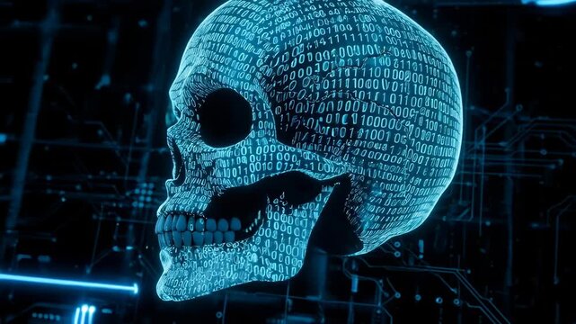 Abstract skull with binary code overlay on a circuit board background, representing cyber security risk and data privacy threat
