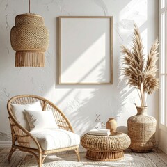 Neutral room frame, wicker furniture, pampas grass decor