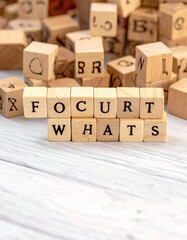 Wooden block letters spell out words on white wood