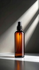 Amber spray bottle lit by sunbeams on white surface