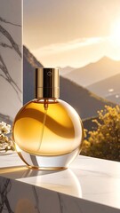 Perfume bottle golden hue, mountains, marble