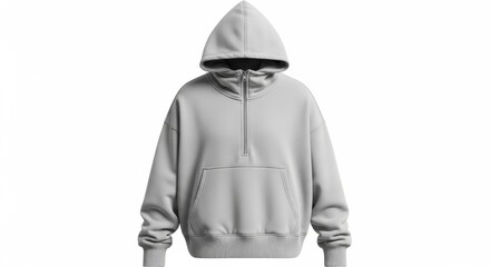 Obraz premium Minimalist studio shot showcasing a stylish light gray hooded sweatshirt with quarter zip detail