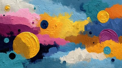 Abstract oil painting with colorful brushstrokes and circular shapes in vibrant colors
