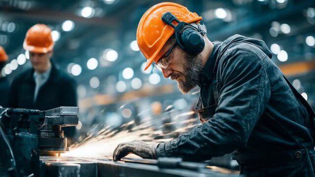Skilled industrial worker in orange hard hat and safety earmuffs operating machinery, producing bright sparks in a modern factory setting.
