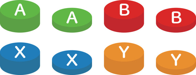 押す前と押した後のABXYボタンのベクターイラスト。円柱状のゲームのスイッチの背景透過素材セット