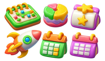 Colorful Illustrations of Playful Objects with Calendar, Cake, Star, and Rocket Designs