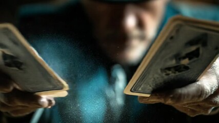 Close-up of a magician performing card tricks indoors