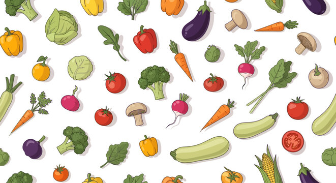 Seamless Pattern of Fresh Colorful Organic Vegetables Flat Design