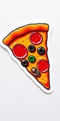 Cheesy pizza slice sticker with pepperoni, mushrooms, and olives,  illustration, pizza