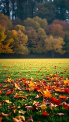 Autumn football field, scattered leaves, nostalgic mood, football,  crisp