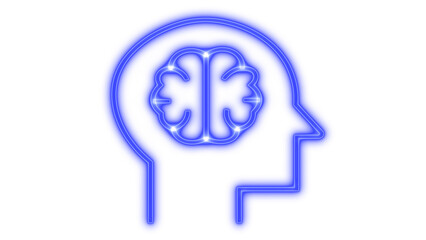 Glowing blue human head profile with a bright brain outline and neural connections, symbolizing artificial intelligence, deep learning, and advanced cognition, isolated on transparent background.