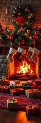 Cozy fireplace with stockings hung and gifts piled under a decorated tree,  home,  fire