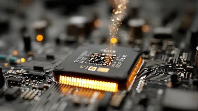 Close-up of a microchip with glowing connections