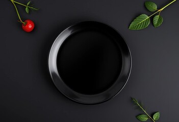 Empty black plate on black background, overhead shot,  mock up,  backdrop