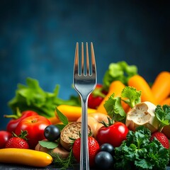 Fresh produce and fork signify a healthy diet for body wellness,  fork,  fresh produce