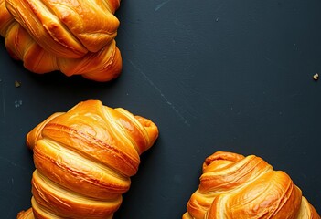 Golden-brown croissants, flaky layers, dark slate background, dark, pastry