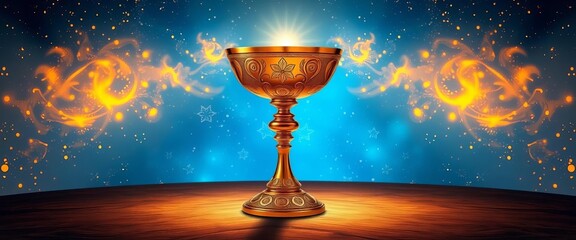 Intricate golden chalice, celestial blue backdrop,  vintage,  goblet